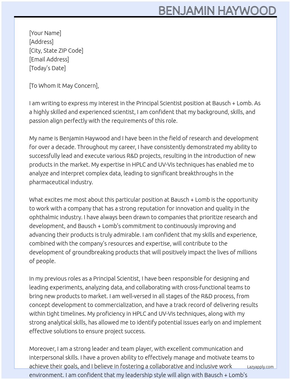 Principal Scientist At Bausch + Lomb Cover Letter