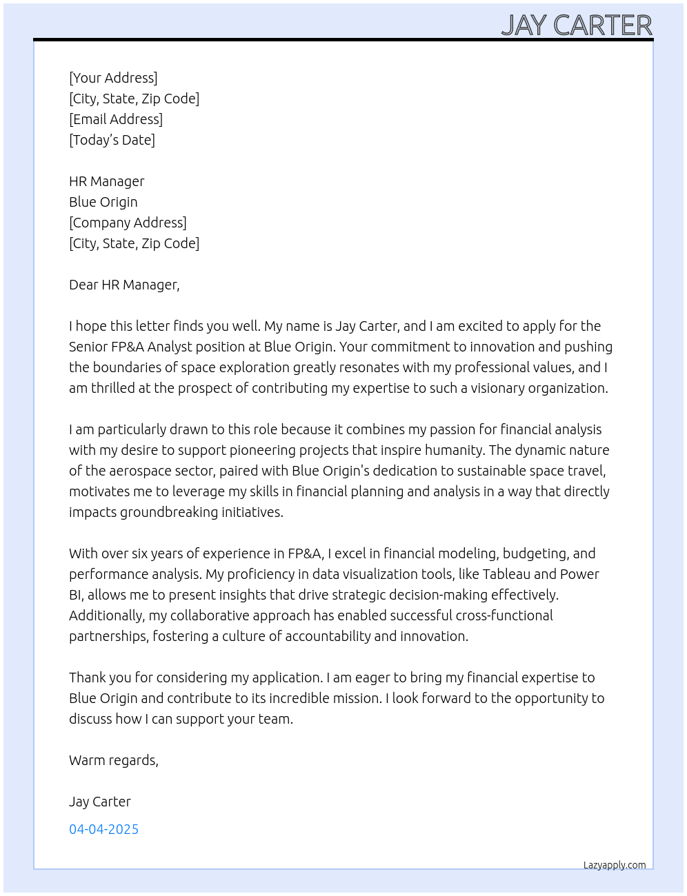 Senior FP&A Analyst At Blue Origin Cover Letter