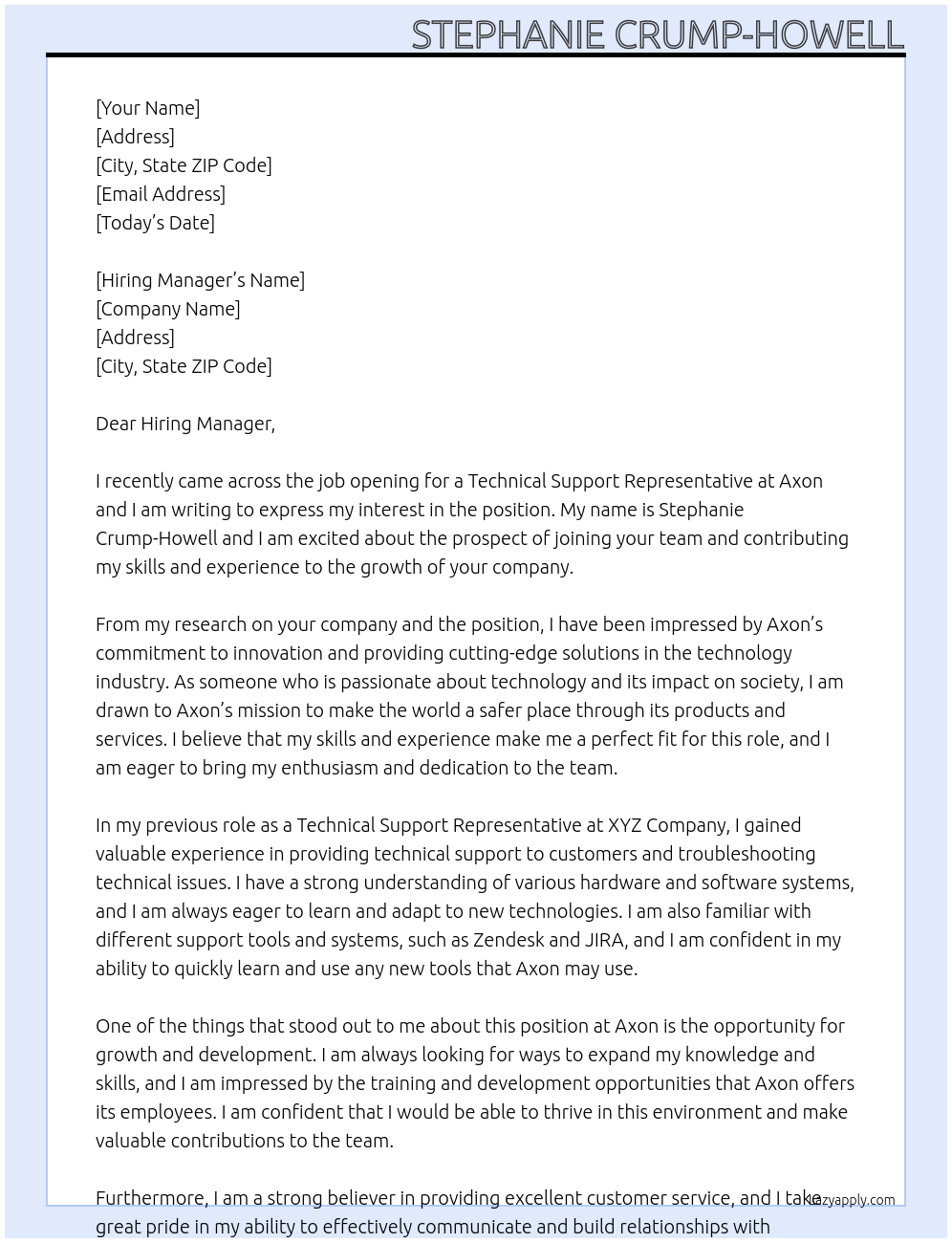 Technical support representative At Axon Cover Letter