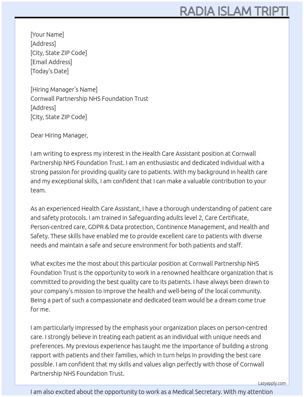 Health care assistant  At Cornwall Partnership NHS Foundation Trust  Cover Letter