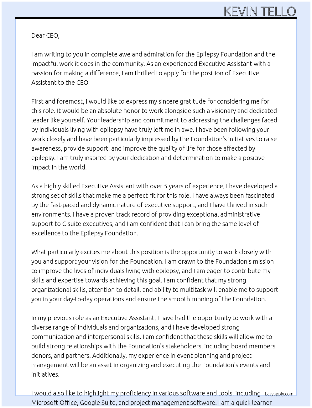 Executive Assistant to the CEO At Epilepsy Foundation Cover Letter