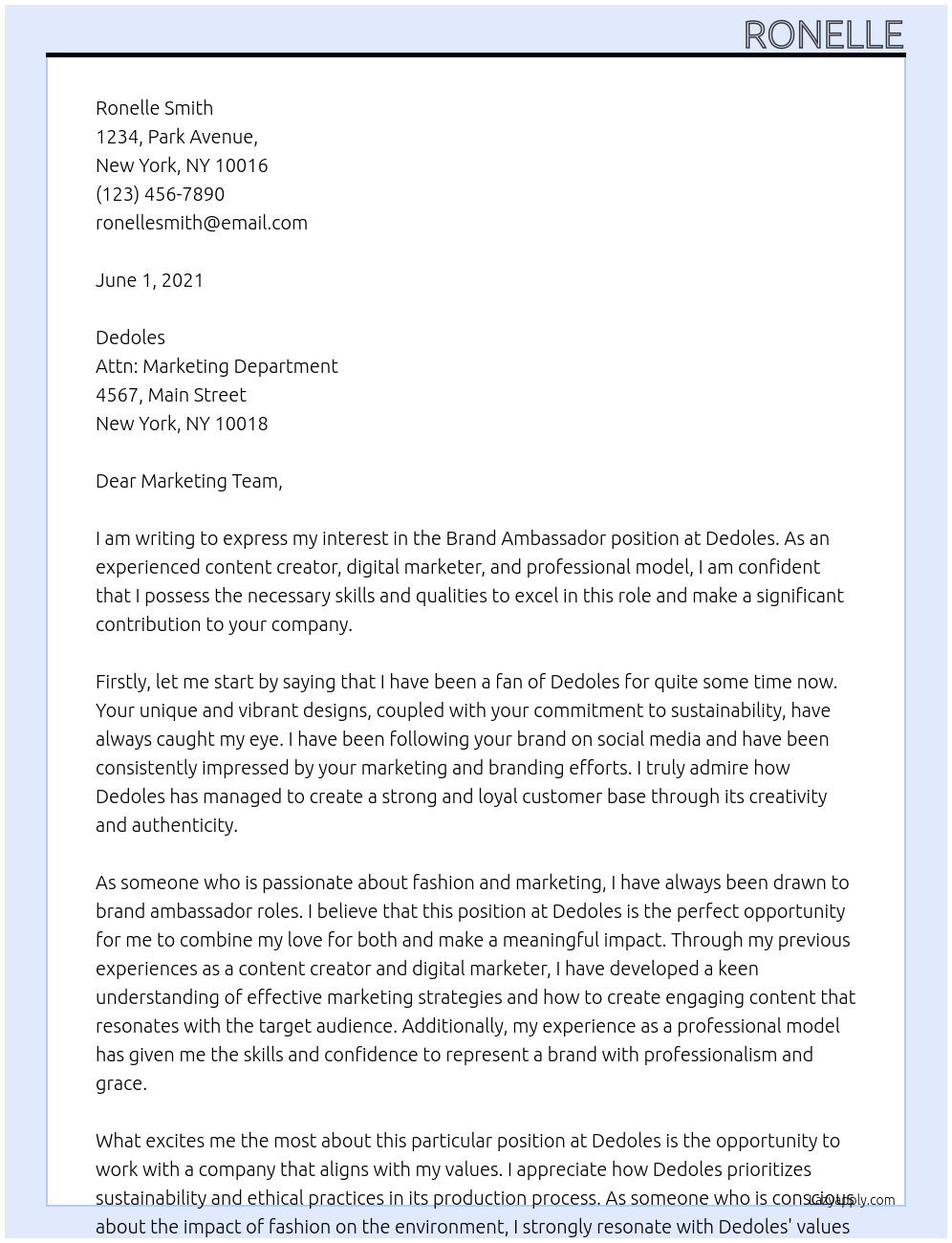 Brand ambassador  At Dedoles Cover Letter