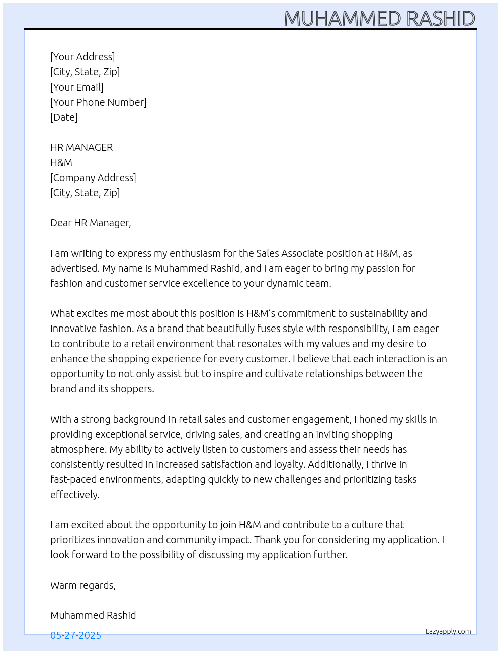 Sales Associate At H&M Cover Letter