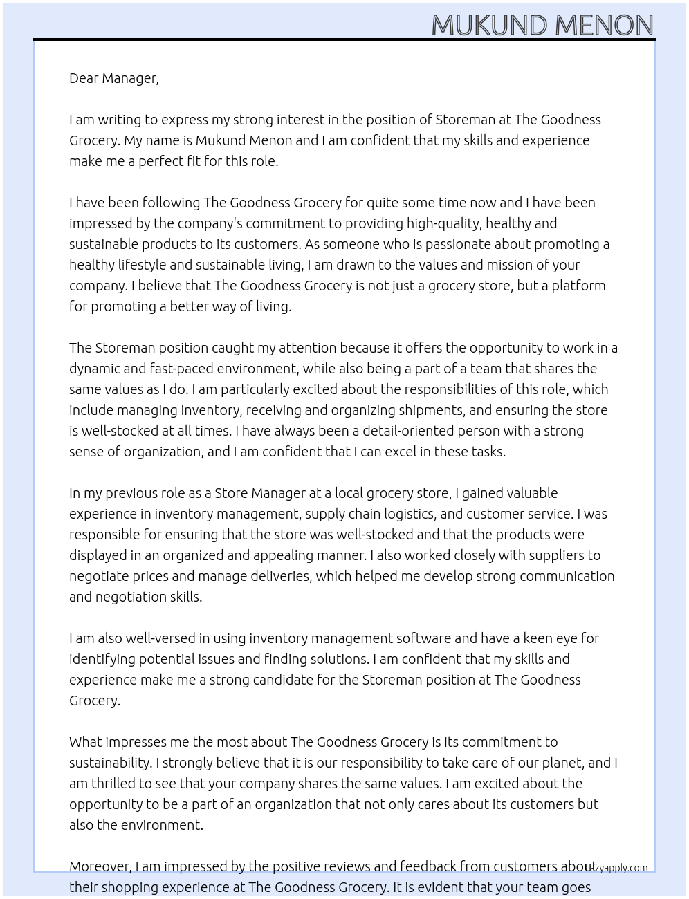 Storeman At The Goodness Grocery Cover Letter