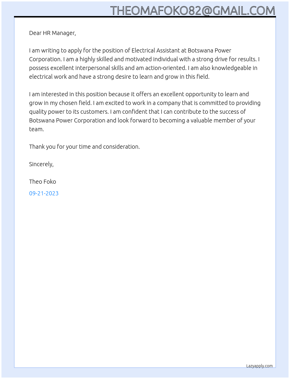 Electrical Assistant At Botswana Power Corporation Cover Letter