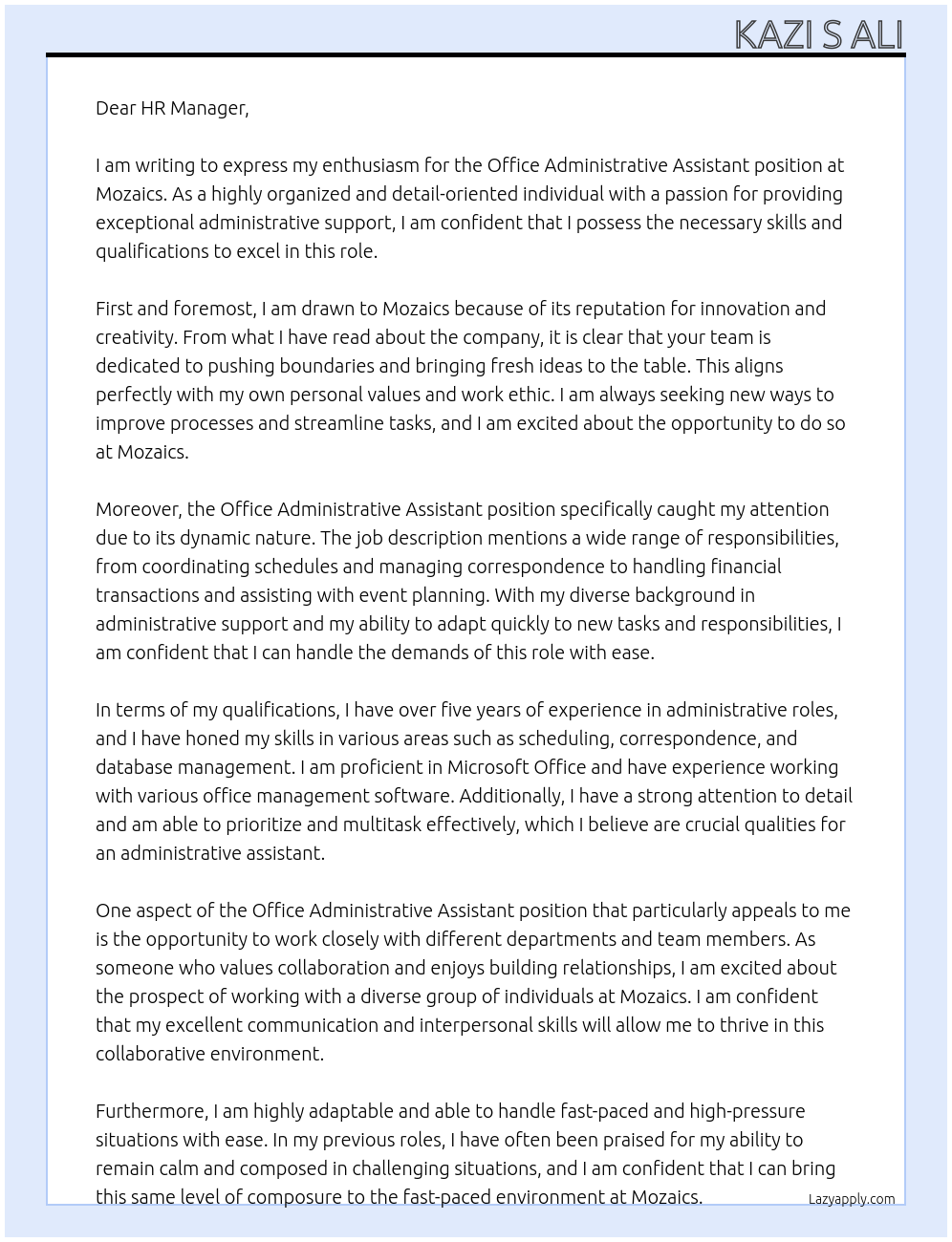 office administrative assistant At Mozaics Cover Letter