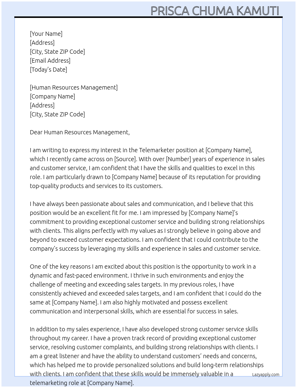 Telemarketer At Myself Cover Letter