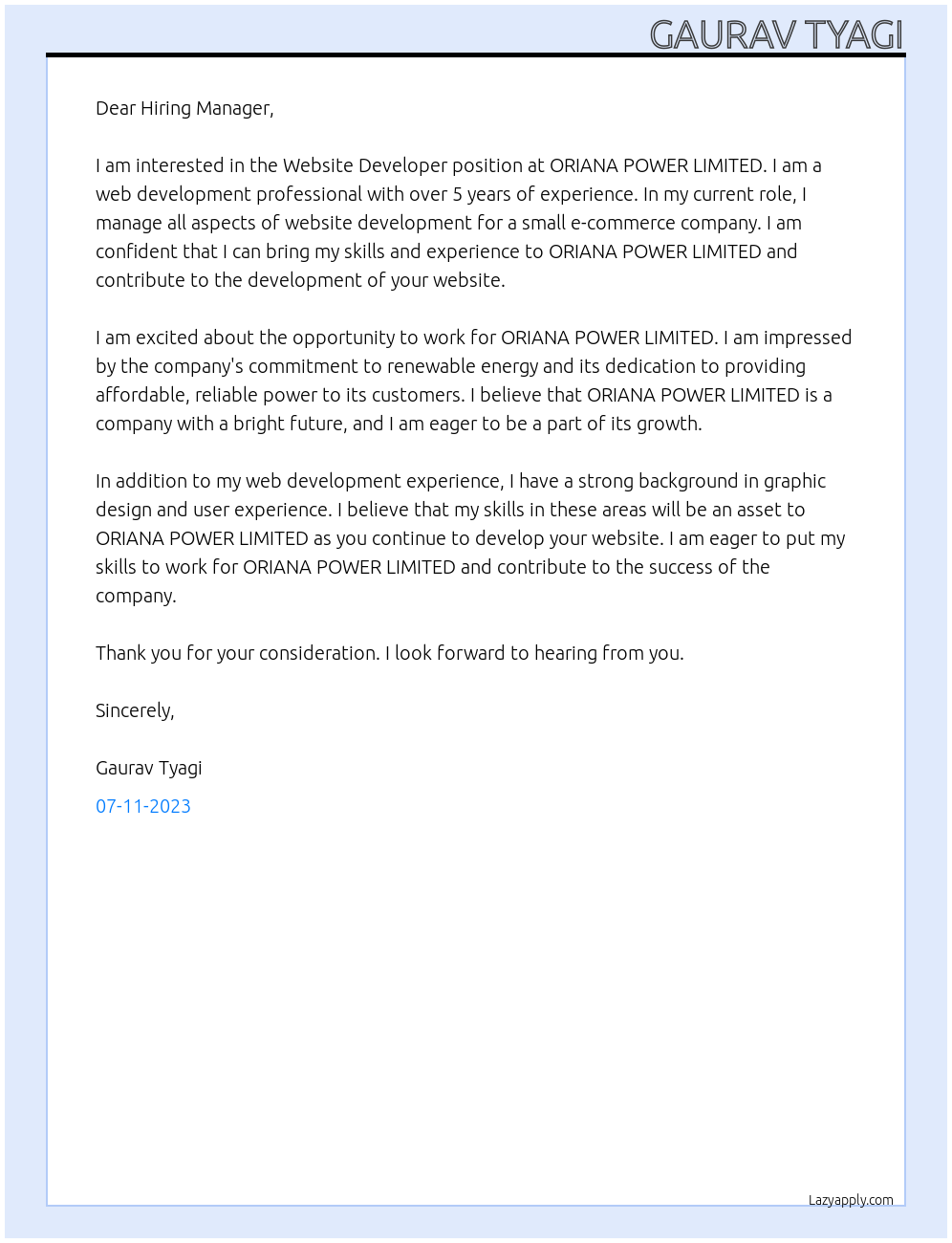 Website developer At  ORIANA POWER LIMITED Cover Letter