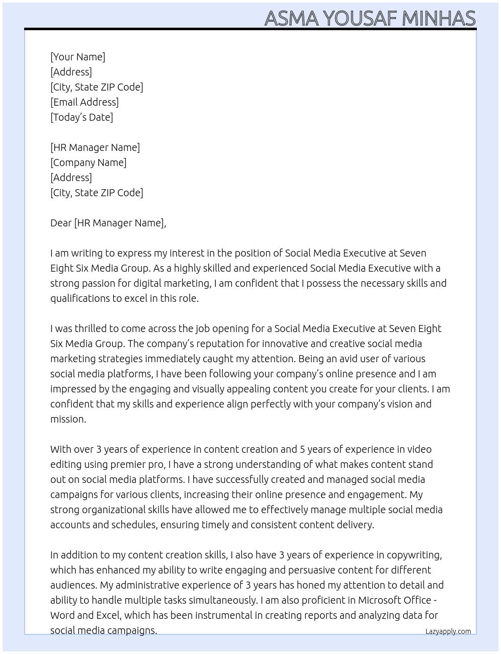 Social Media Executive At Seven Eight Six Media Group Cover Letter
