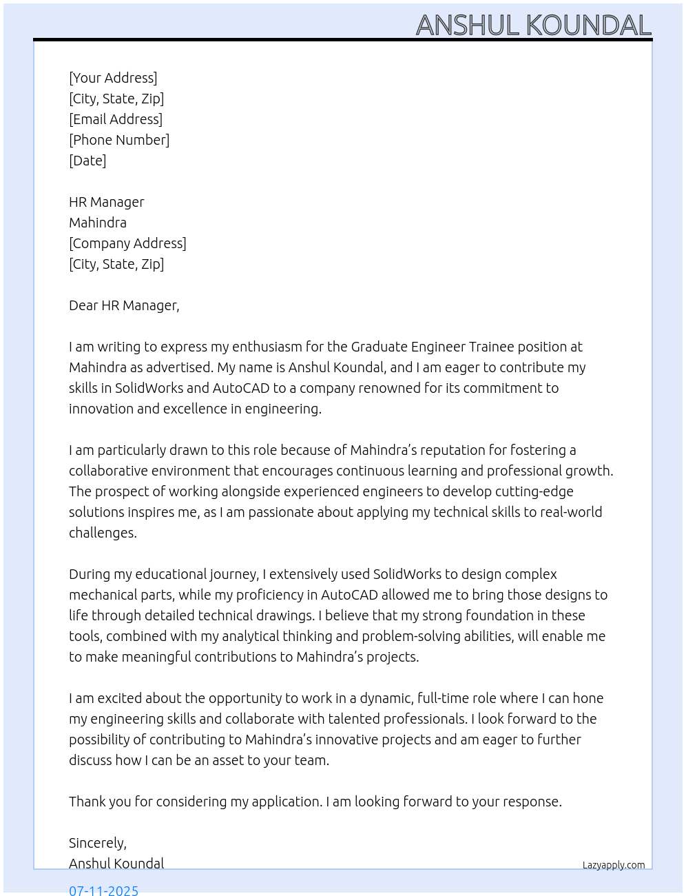 Graduate Engineer Trainee At Mahindra Cover Letter