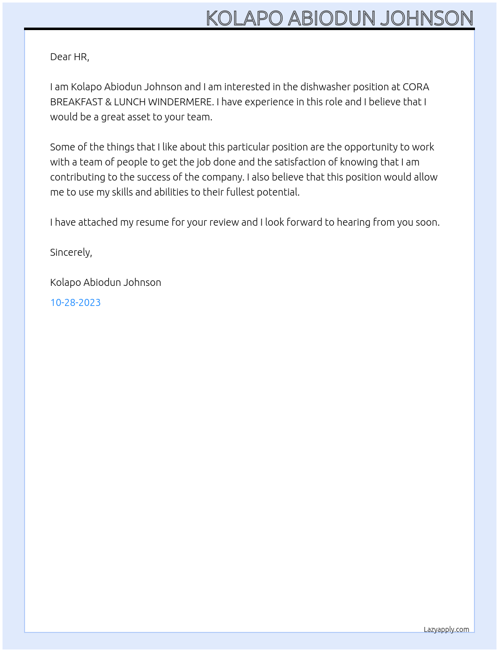 dishwasher At CORA BREAKFAST & LUNCH WINDERMERE Cover Letter