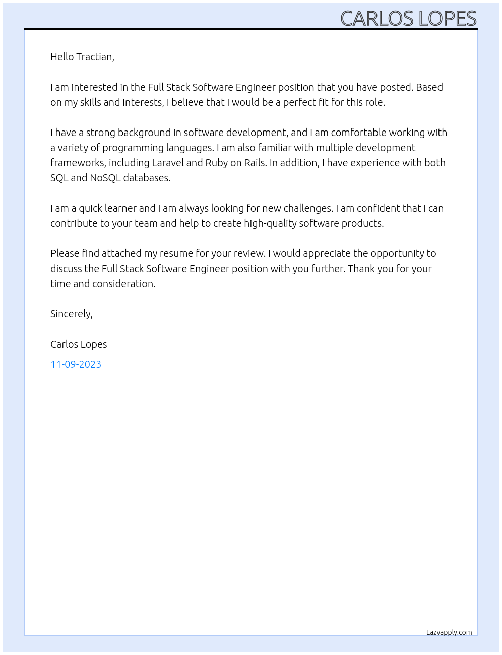 Full Stack Software Engineer At Tractian Cover Letter