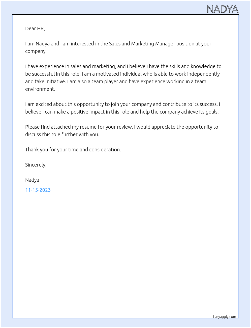 sales and marketing manager At your company Cover Letter