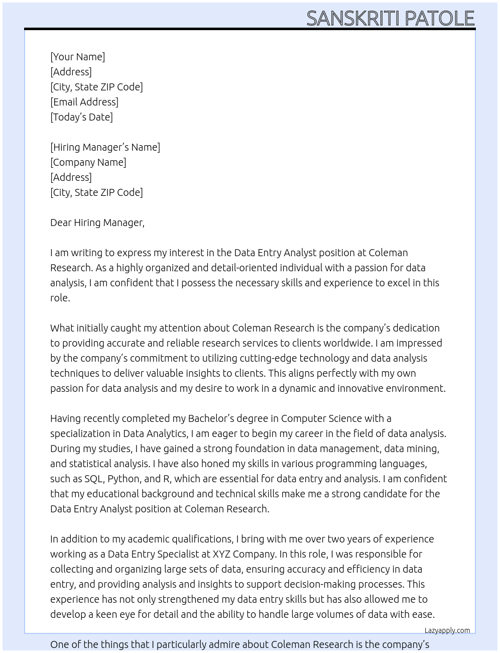 Data Entry Analyst At Coleman Research Cover Letter