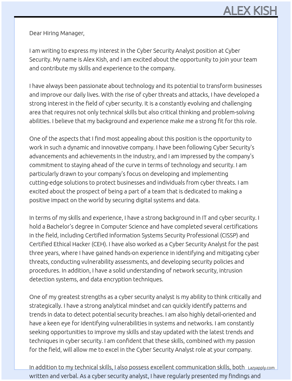 Cyber Security Analyst At Cyber Security Cover Letter
