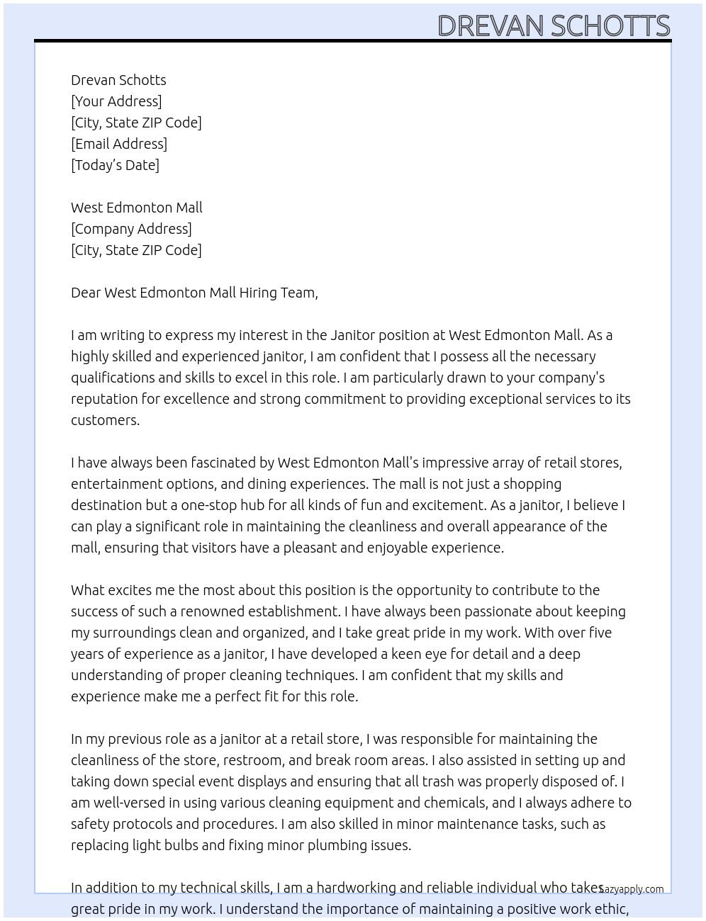 Janitor At West Edmonton mall Cover Letter