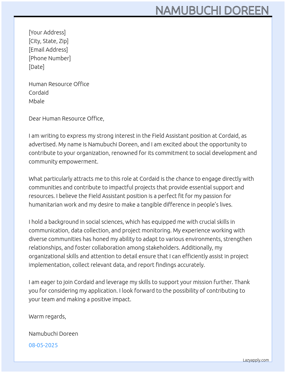 Field Assistant At Cordaid Cover Letter