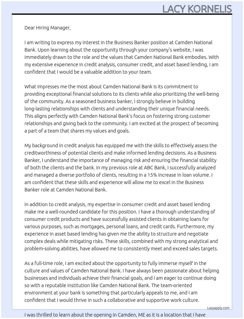 Business Banker At Camden National Bank Cover Letter