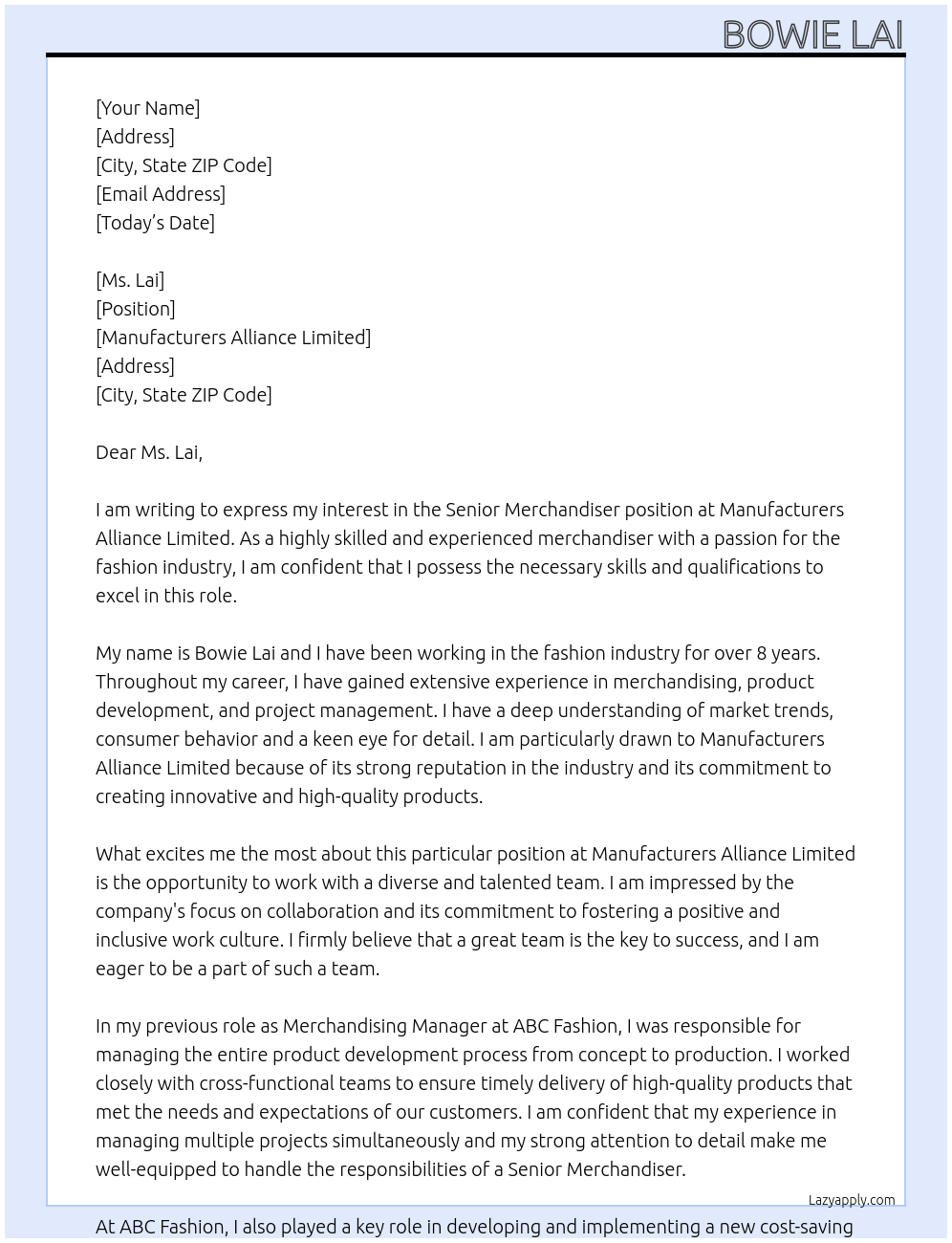 Senior Merchandiser At Manufacturers Alliance Limited Cover Letter