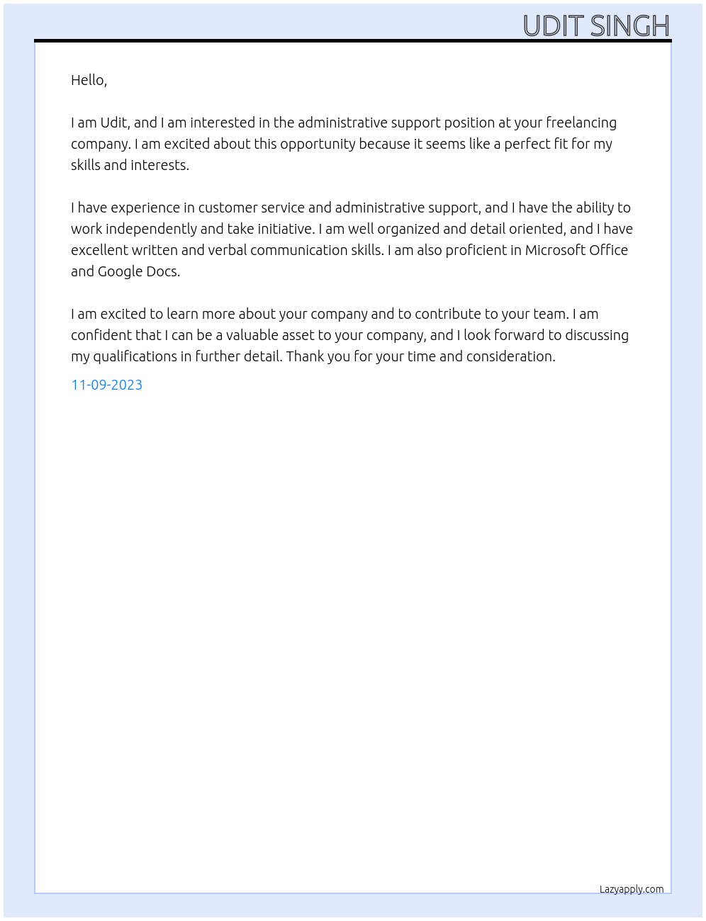 administrative support At freelancing company Cover Letter