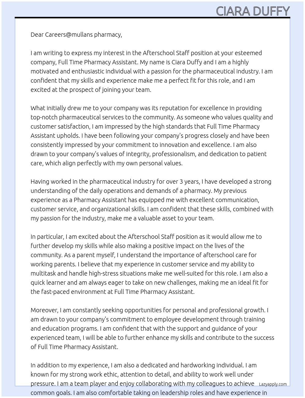 Afterschool staff  At Full time pharmacy assistant  Cover Letter