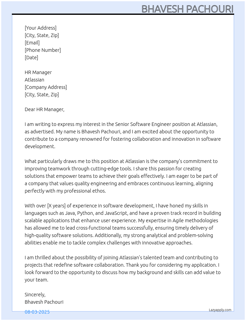 Cover letter for senior software engineer - LazyApply