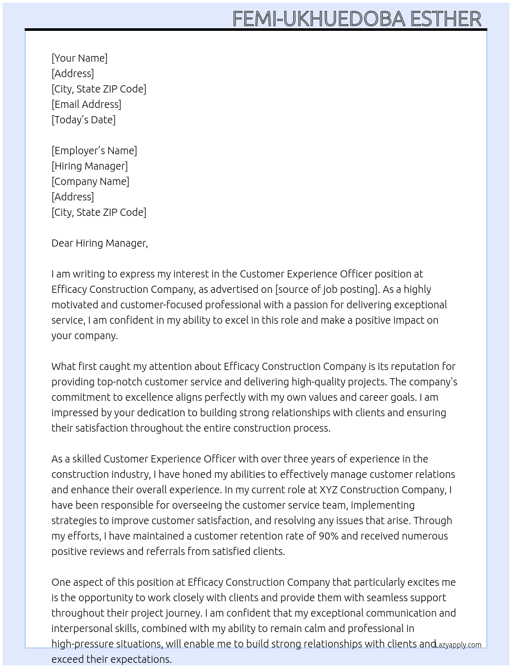 Customer Experience Officer At Efficacy Construction Company Cover Letter