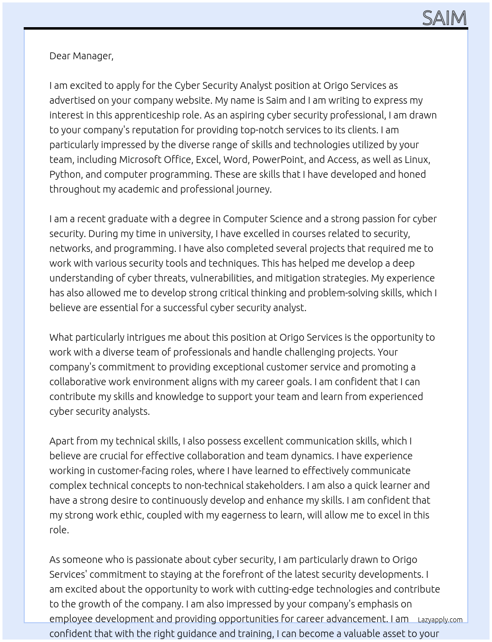 Cyber Security Analyst At Origo Services Cover Letter