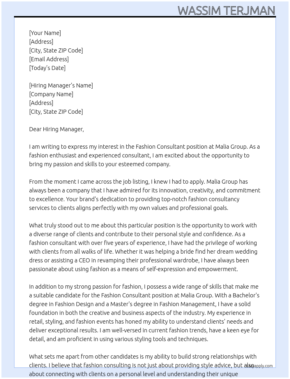 Fashion consultant At Malia group Cover Letter