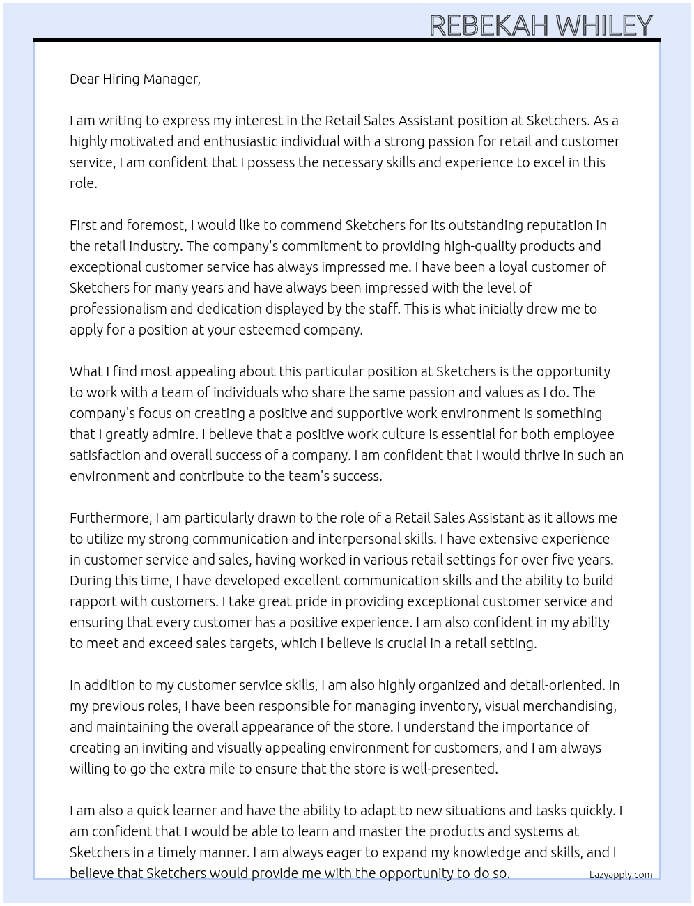 Retail sales assistant At Sketchers Cover Letter