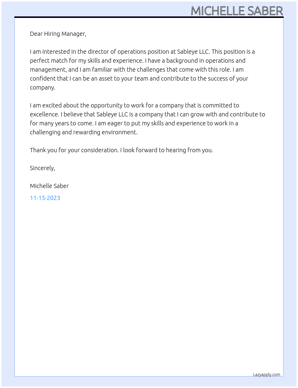 director of operations At Sableye LLC Cover Letter