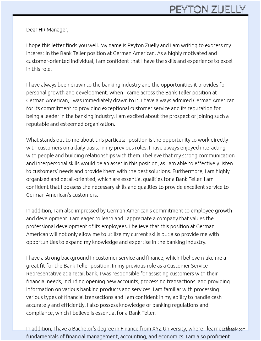 Bank Teller At German American Cover Letter