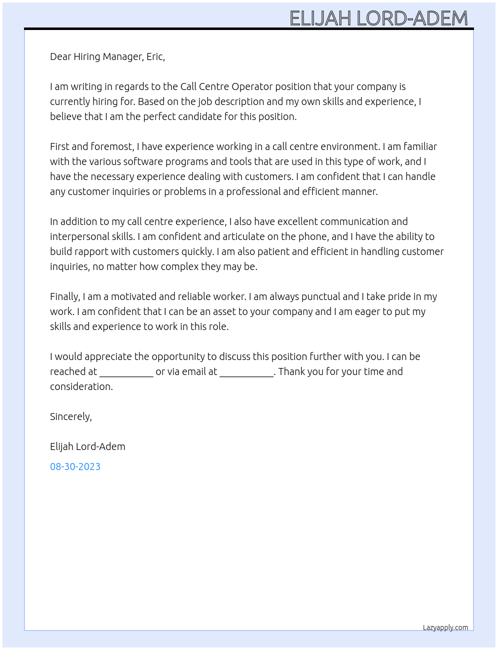 Call centre operator At Call centre operator Cover Letter