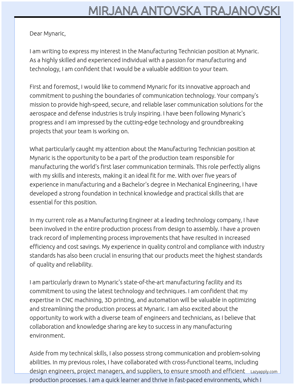 Manufacturing Technician At Mynaric Cover Letter