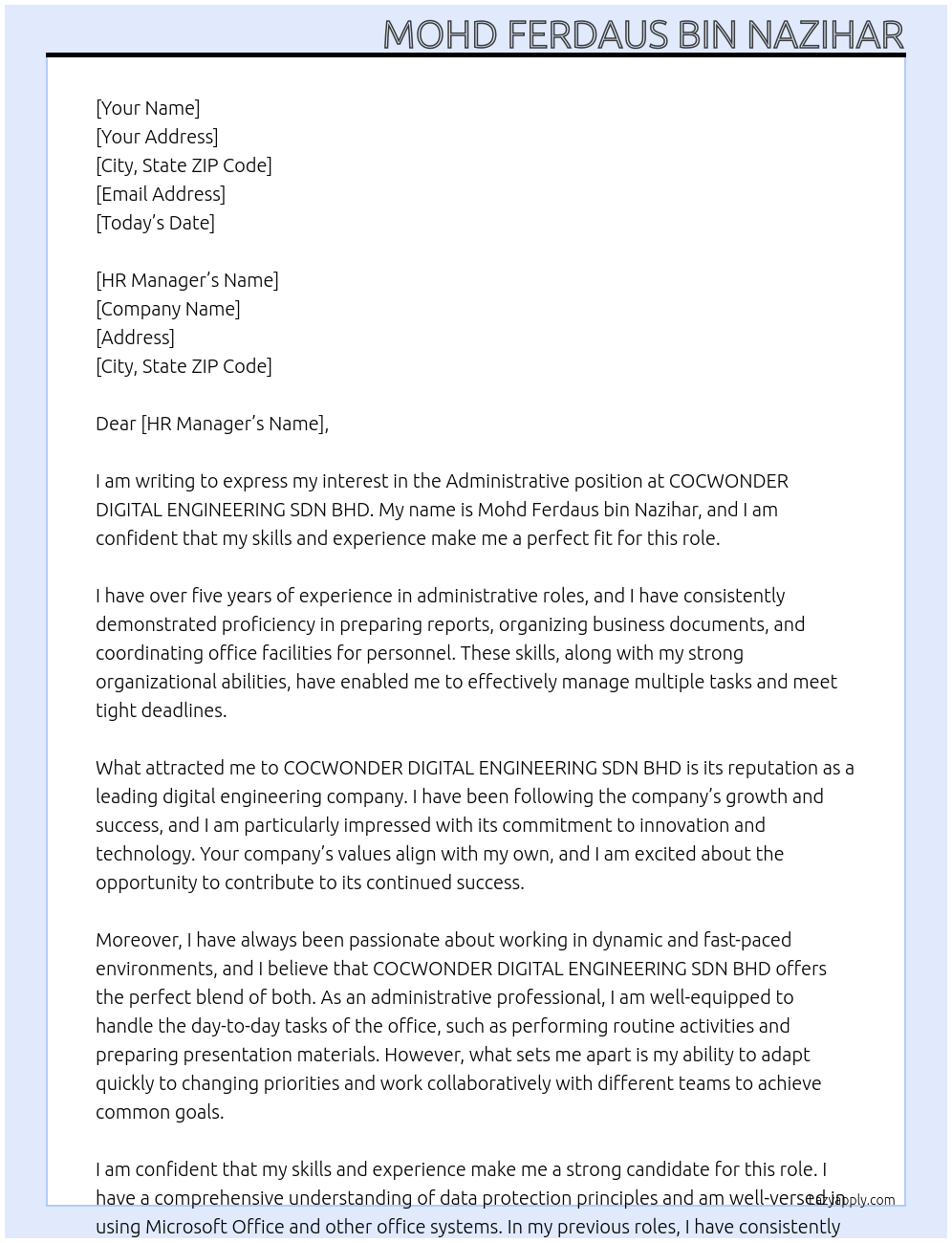 Administrative At COCWONDER DIGITAL ENGINEERING SDN BHD Cover Letter