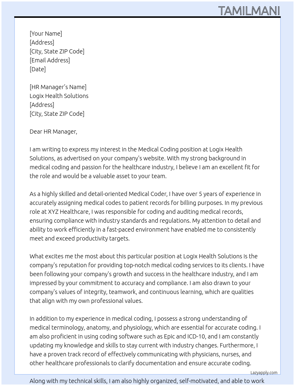 Medical coding At Logix health solutions Cover Letter