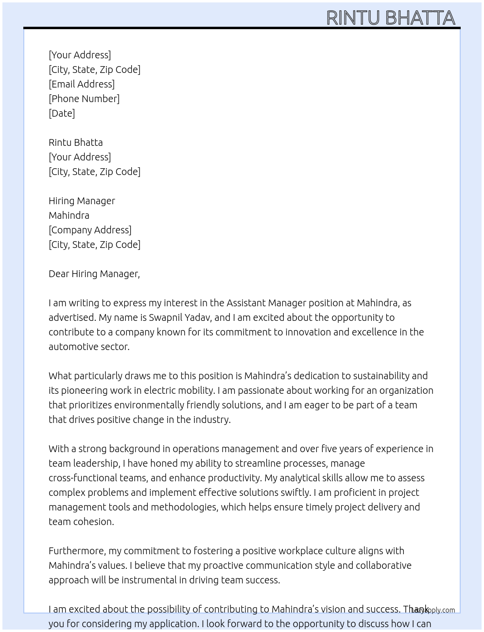 Assistant manager At Mahindra Cover Letter