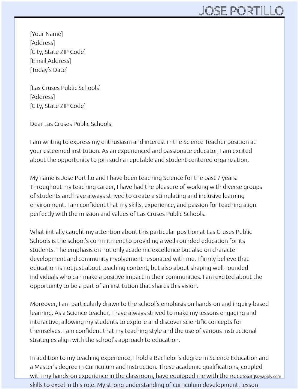 Science Teacher At Las Cruses Public Schools Cover Letter