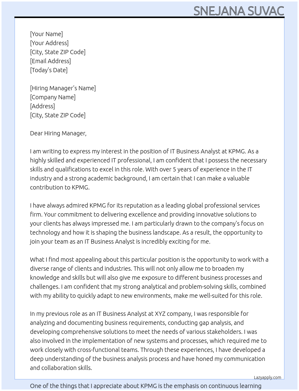 IT Business Analyst At KPMG Cover Letter