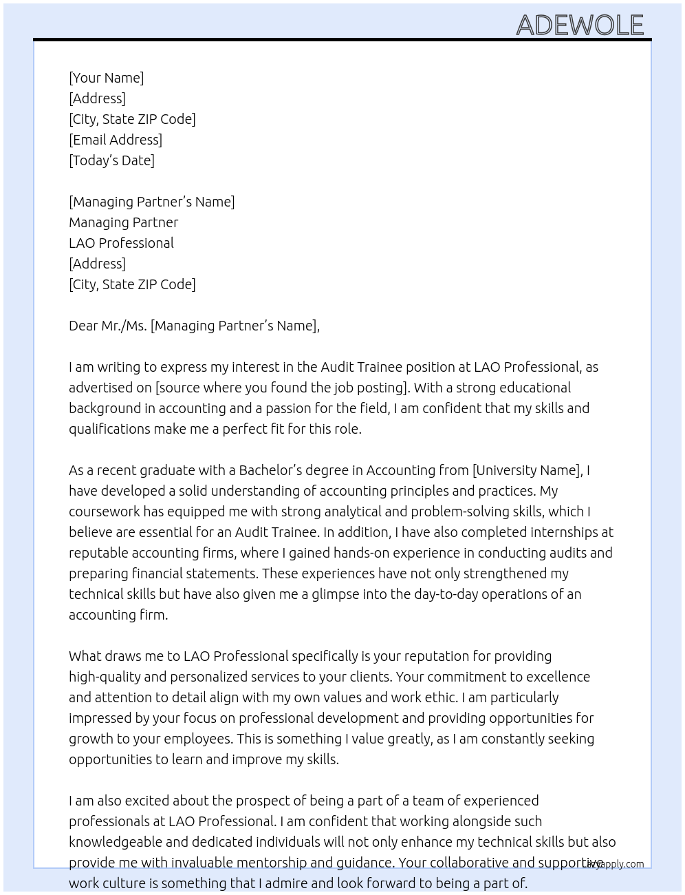 Audit trainee At LAO professional Cover Letter