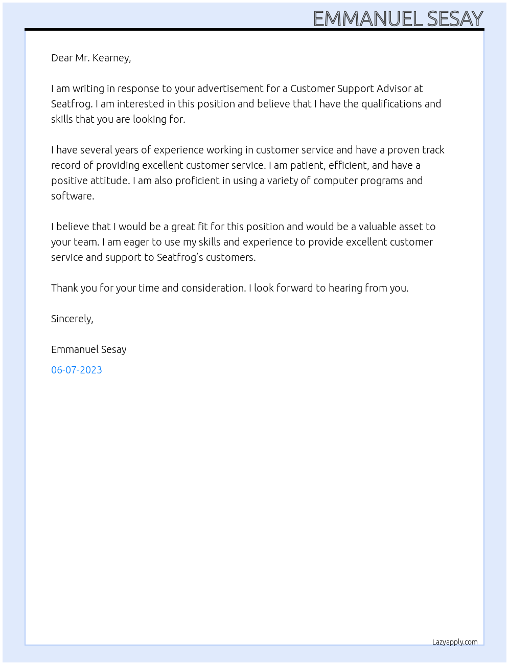 Customer support advisor At Seatfrog Cover Letter