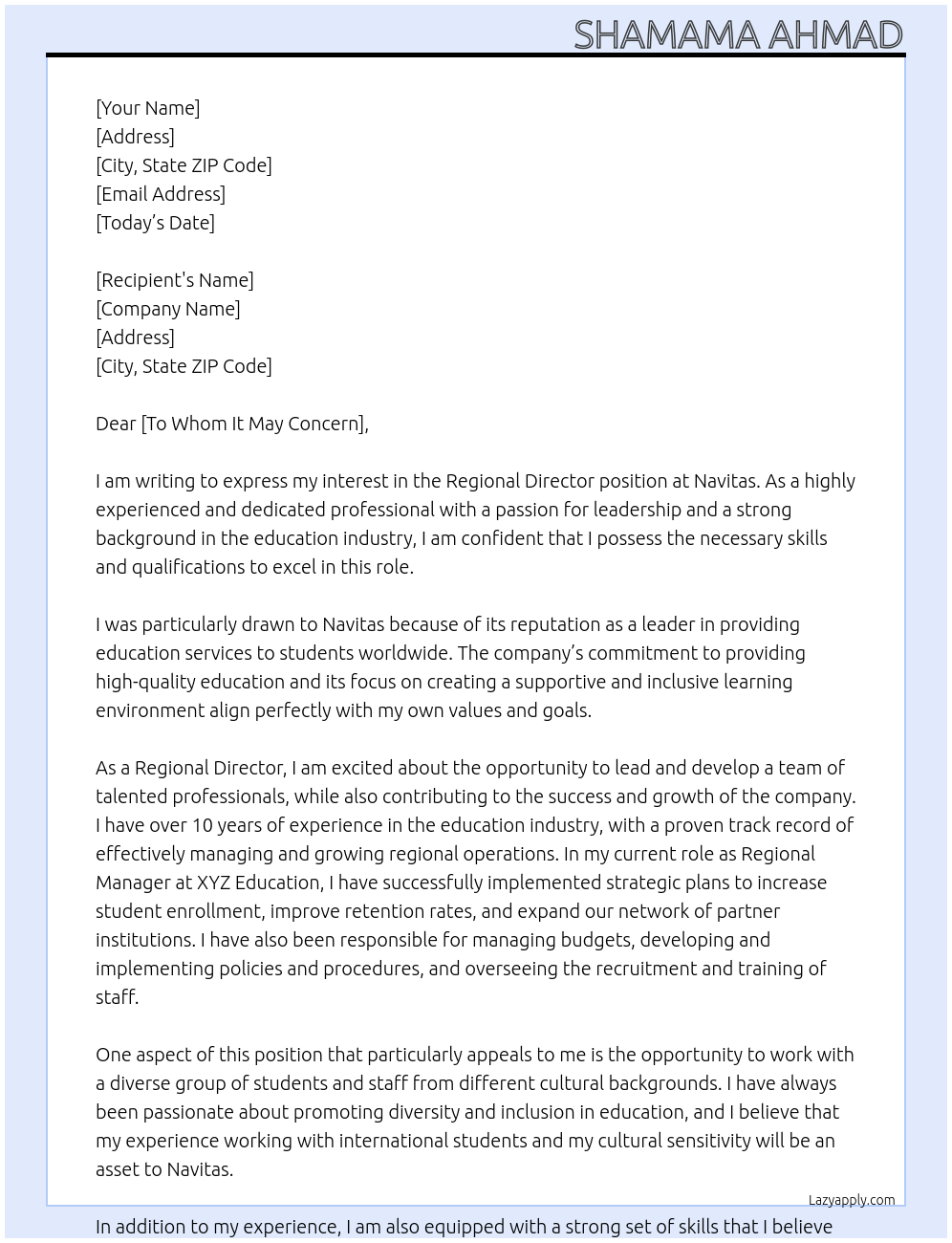 Regional Director At Navitas Cover Letter