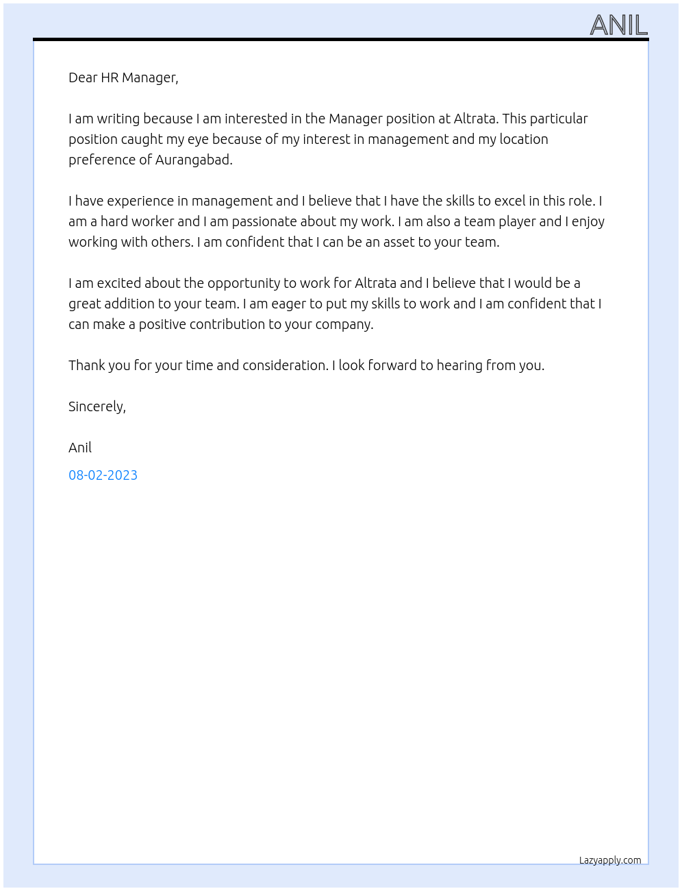 manger At altrata Cover Letter