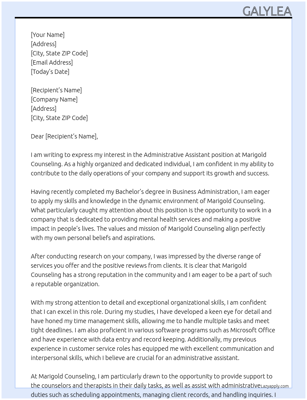 Adminstrative Assistant At Marigold Counseling Cover Letter