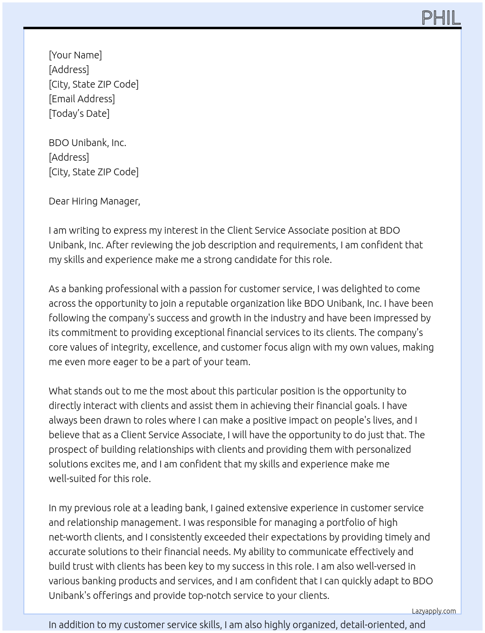Client Service Associate At Banco De Oro Unibank, Inc Cover Letter