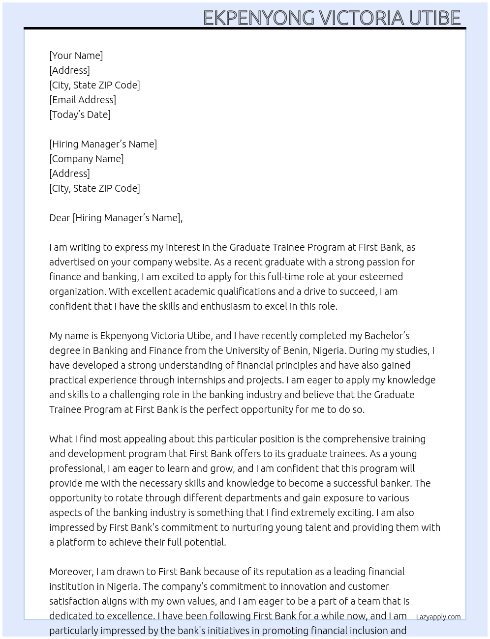 Graduate trainee program At First bank Cover Letter