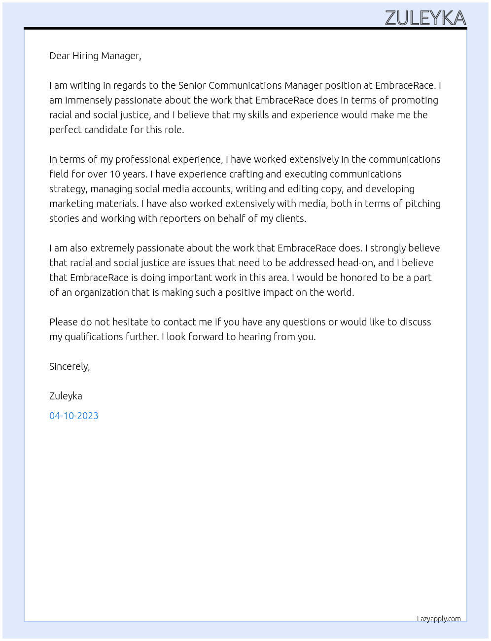 Senior Communications Manager At EmbraceRace Cover Letter
