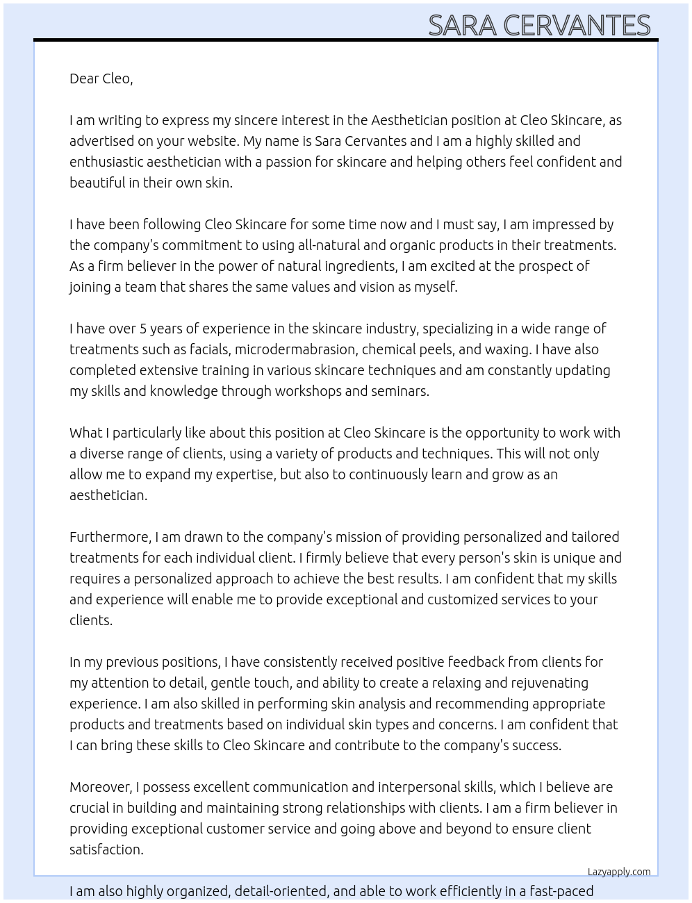 Aesthetician  At Cleo skincare  Cover Letter