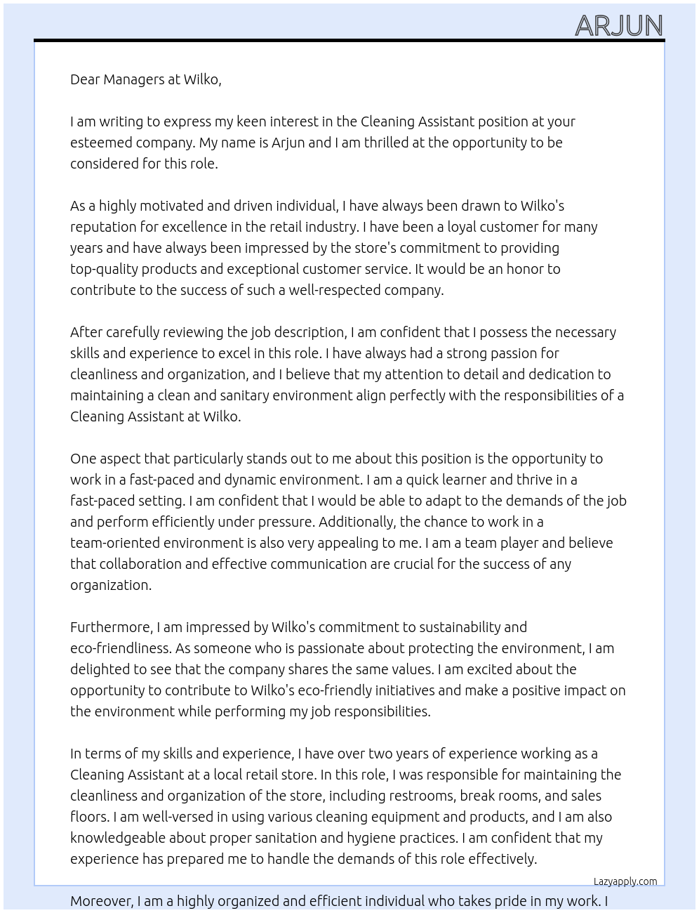 Cleaning assistant At Wilko Cover Letter