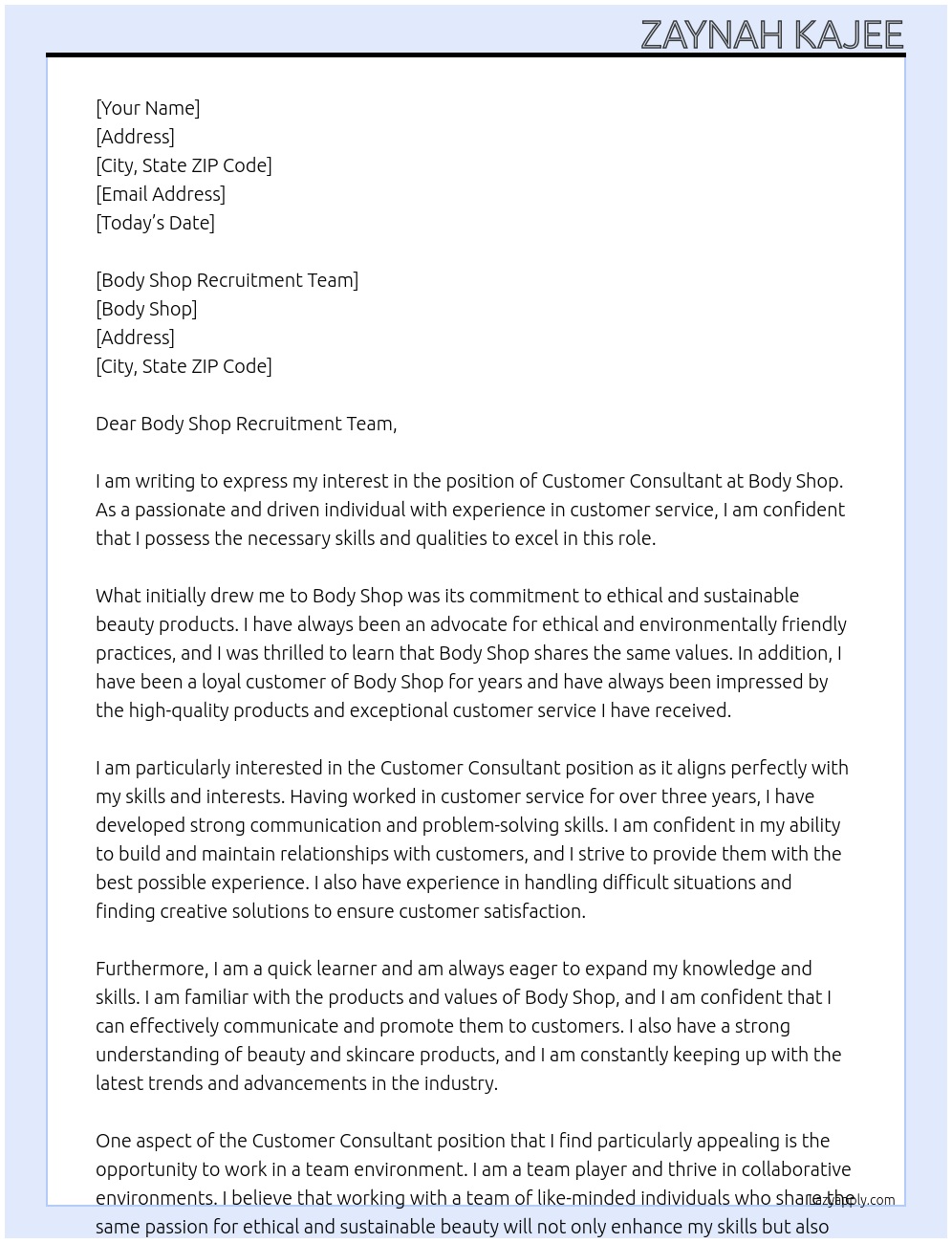 customer consultant At body shop Cover Letter